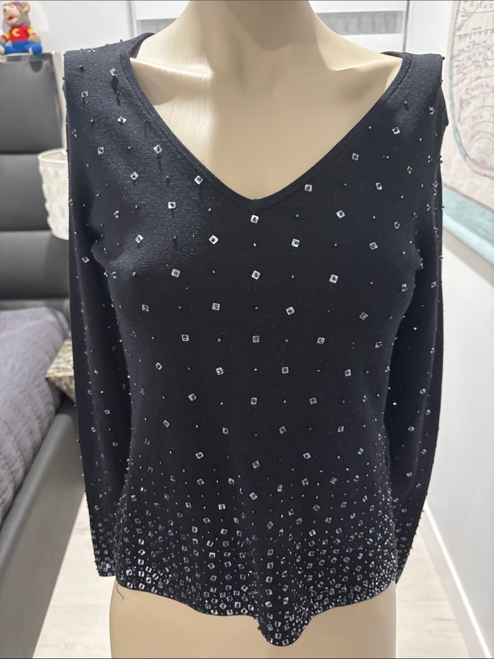 INC International Concepts Black V-Neck Embellished Sweater